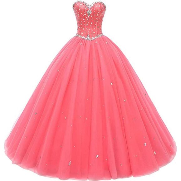 Women's Pink Sweetheart Ball Gown Tulle Quinceanera Prom Dress - Picture 1 of 9